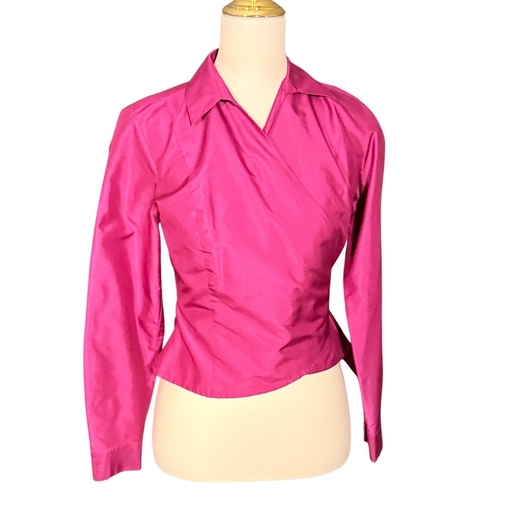 Ann Taylor Petites Pink‎ 100% Silk Wrap Blouse Long Sleeve Tie Waist Top 4P